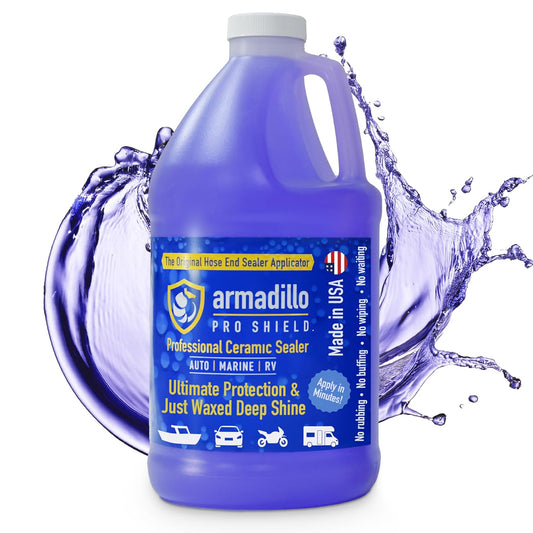 Blue bottle of Armadillo Pro Shield ceramic sealer with water splashes on a white background