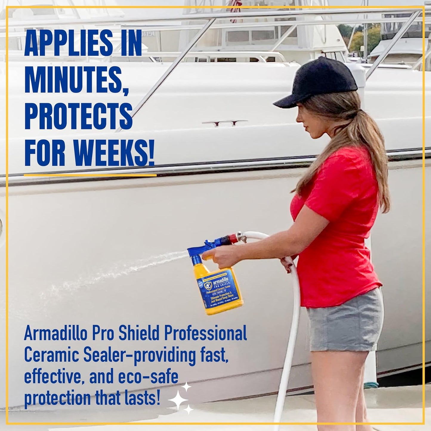 Woman applying Armadillo Pro Shield Professional Ceramic Sealer to a boat with text highlighting its quick application and long-lasting protection.