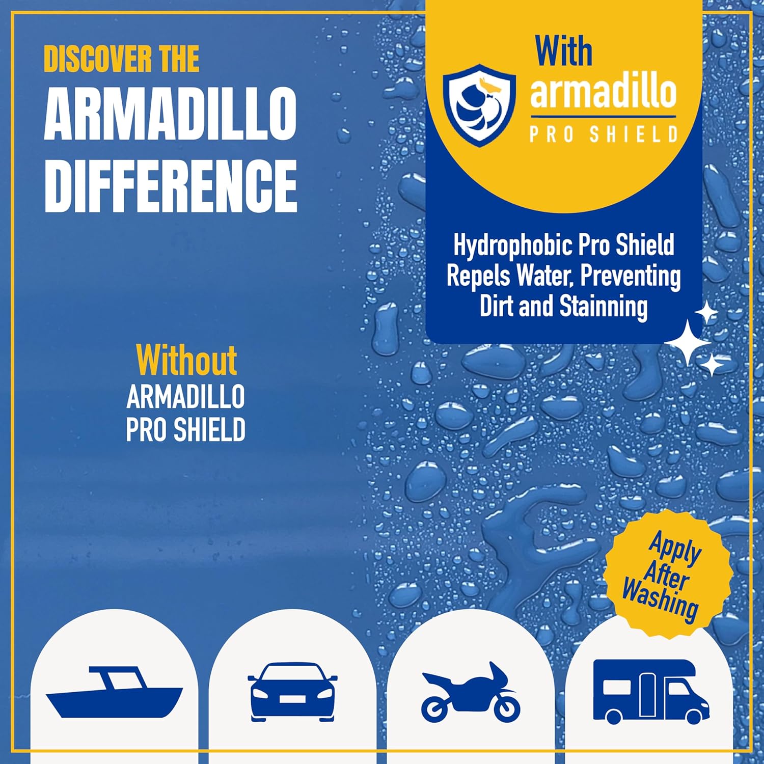 Advertisement for Armadillo Pro Shield with blue background and product features.