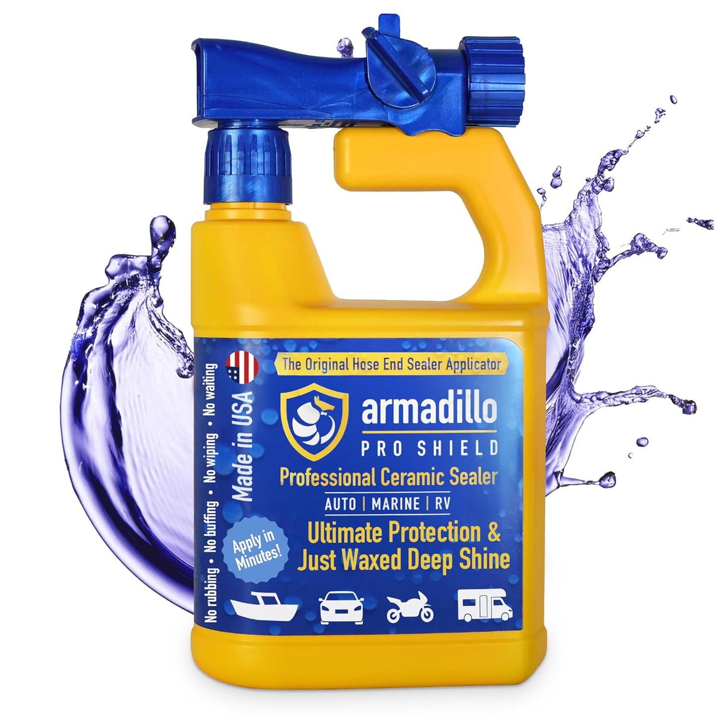 Yellow and blue spray bottle with 'Armadillo Pro Shield' label on a white background