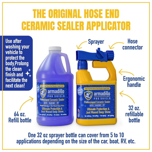 Armadillo Pro Shield ceramic sealer applicator with 64 oz refill bottle and 32 oz sprayer bottle on a white background.