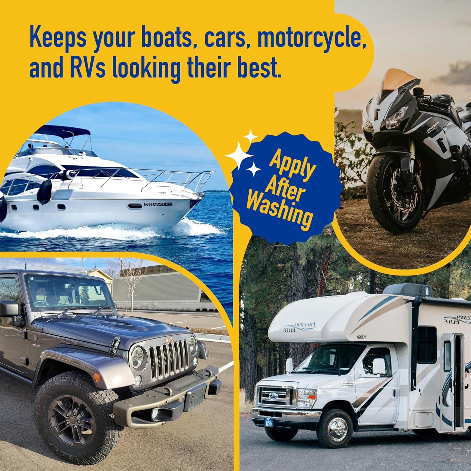 Promotional image for a product that keeps boats, cars, motorcycles, and RVs looking their best, with images of a yacht, motorcycle, car, and RV.