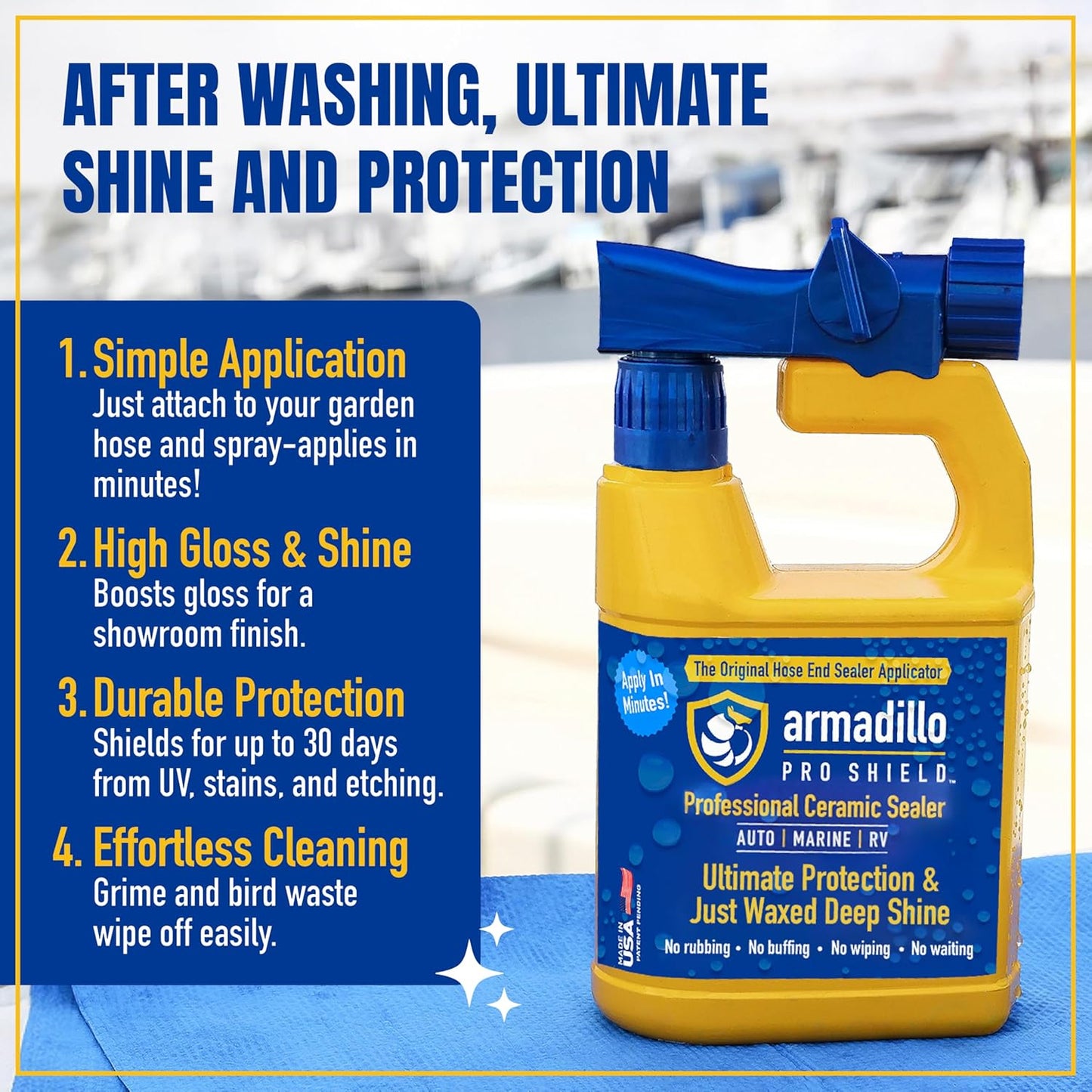 Armadillo Pro Shield ceramic sealer bottle with features listed on a blue background