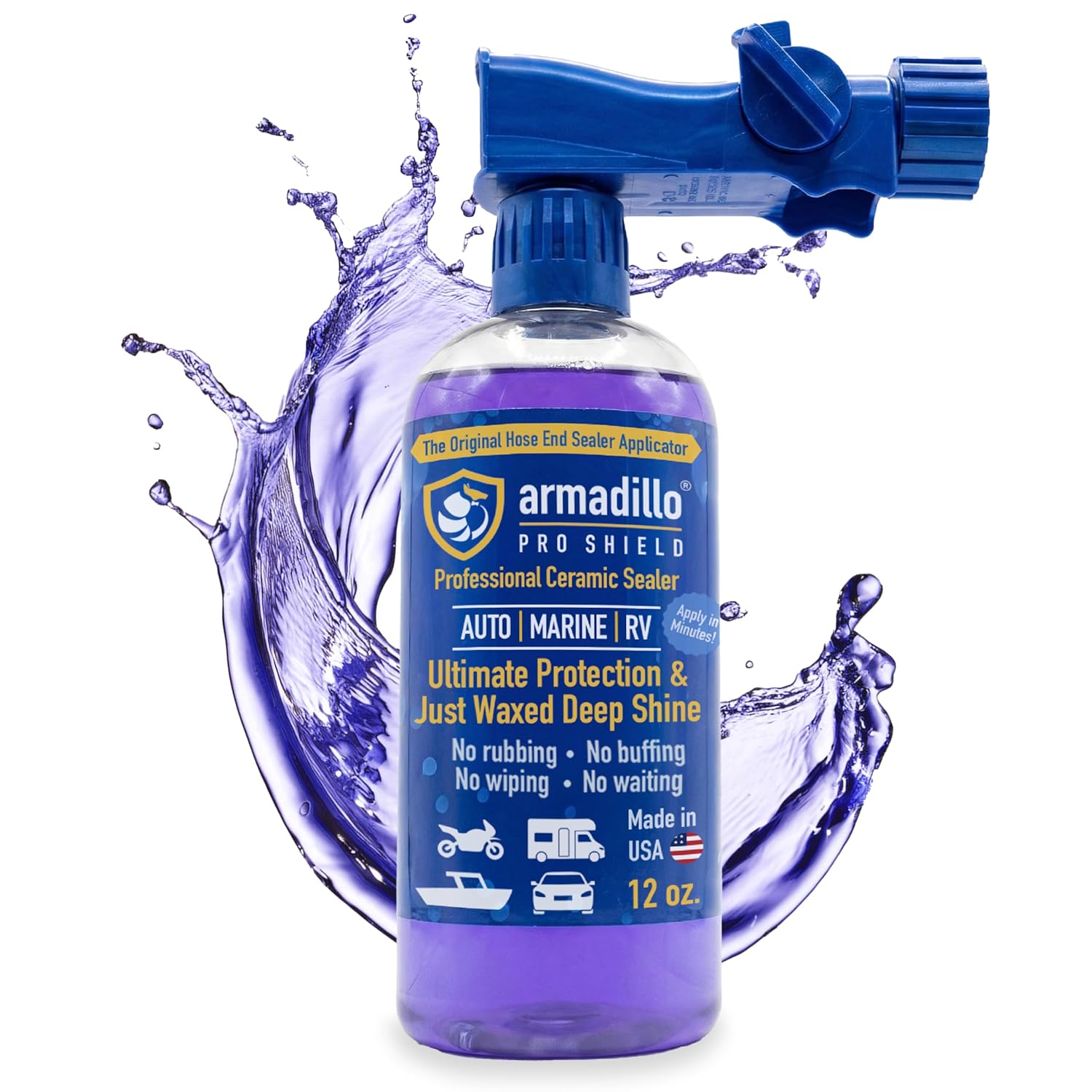 Bottle of Armadillo Pro Shield ceramic sealer with blue spray nozzle on a white background