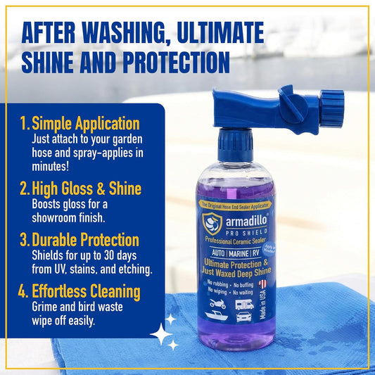 Bottle of Armadillo Pro Shield with text on a blue towel background